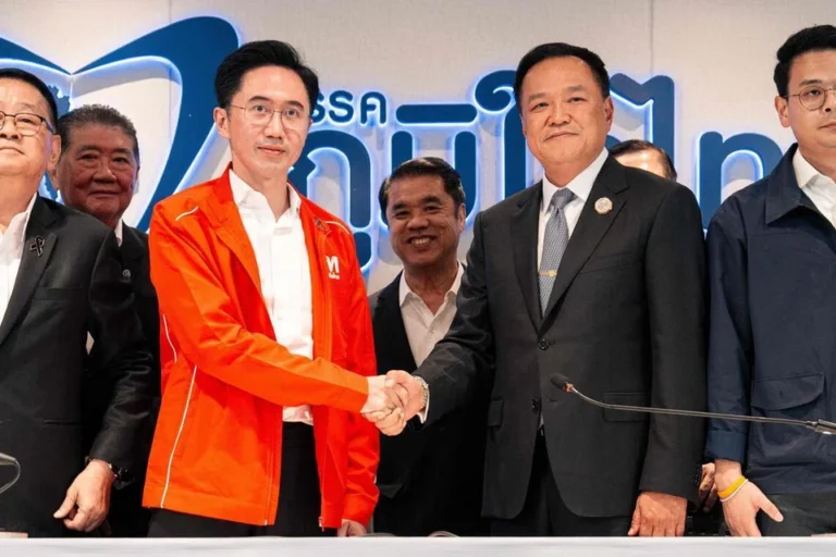 Anutin Charnvirakul and Pheu Thai leaders after coalition talks in Bangkok